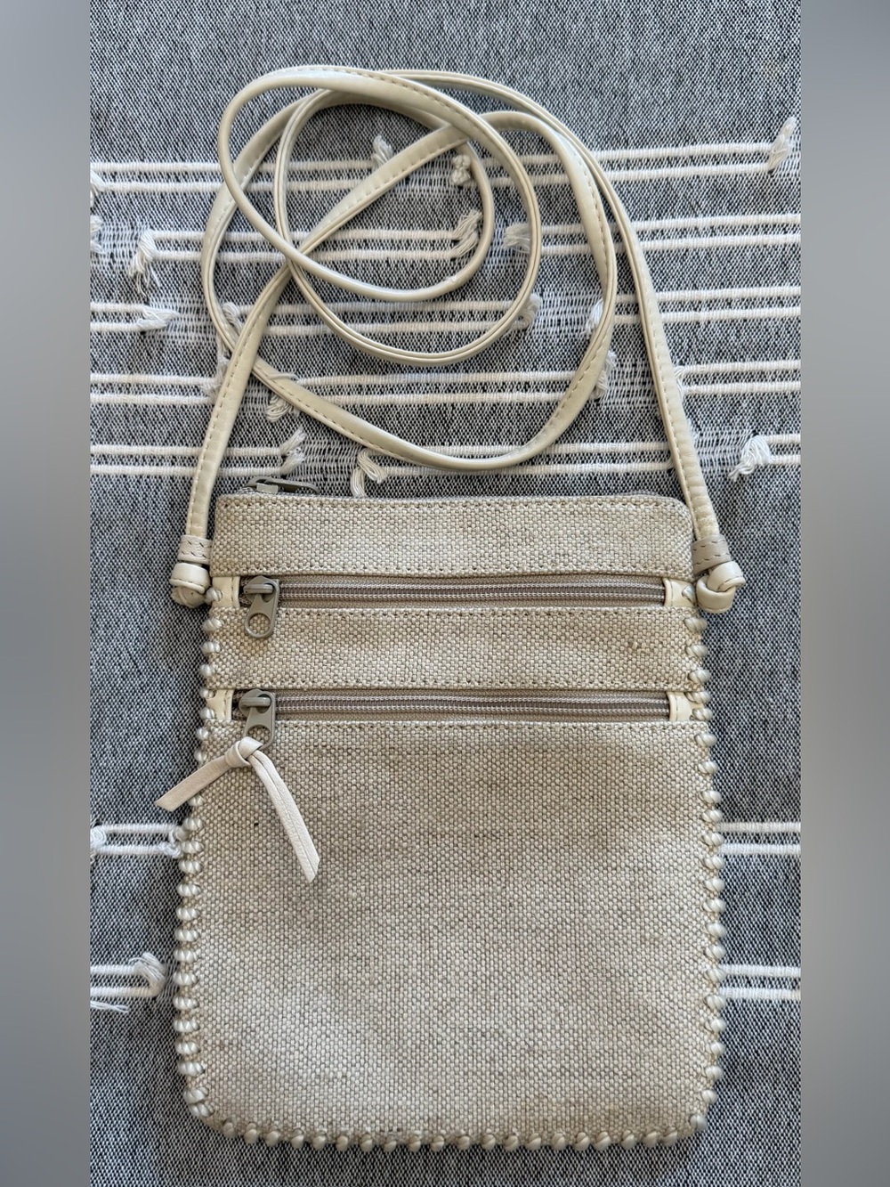 Neutral Beige Woven Crossbody Bag with Dual Zip Pockets